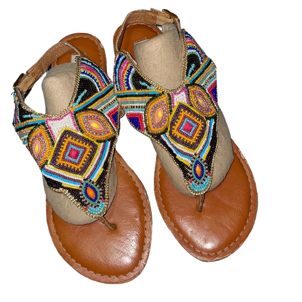 •NOT RATED•"MARIACHI BEADED SANTO" COLORFUL BEADED LEATHER THONG SANDAL SIZE 7.5